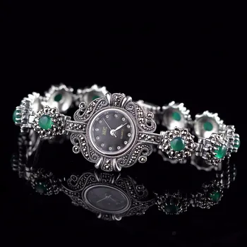 Omejena Izdaja Klasičnih S925 Srebrno Čisto Srebro Watch Green Jade Zapestnico Watch Tajska Proces Nosorogovo Bangle Dresswatch