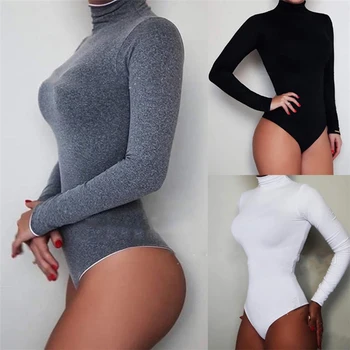 Dolg Rokav Turtleneck Slim Bodysuits 2020 Nova Ženska Znanja Bodysuits Trdna Playsuits Ženska Oblačila Seksi & Klub Slim Jumstits