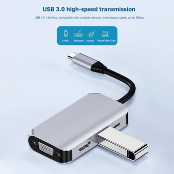 Nov USB C Hub 4 v 1, USB, C, USB 3.0, 60 W PD VGA 4K HDMI Adapter 5Gbps 1080P VGA Napajanje Dostave Adapter za PC Prenosni Telefon
