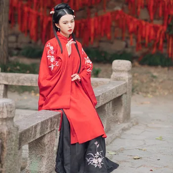 Vezenje Cvet Uspešnosti Oblačila Kostum Lady Letnik Hanfu Dolg Rokav Elegant Cross Ovratnik Ženske Kitajski Slog Tang Obleko