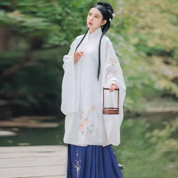 Vezenje Cvet Uspešnosti Oblačila Kostum Lady Letnik Hanfu Dolg Rokav Elegant Cross Ovratnik Ženske Kitajski Slog Tang Obleko