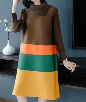 TVVOVVIN 2020 Pomlad Poletje Moda Novo Naguban Oblačila Za Ženske z Dolgimi Rokavi Turtleneck Elastična Kontrast Barve Obleke V453