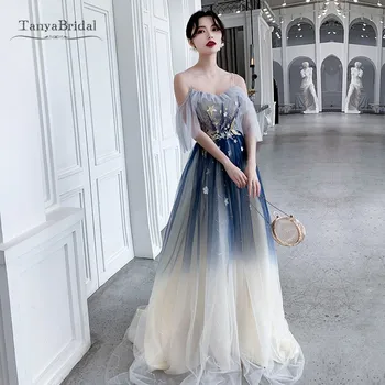 Proti-vrat Modra Maturantski Obleki Ženske Elegantne Luna Star Sequins Dolgo Večer Stranka Obleko Nov Slog 2020 Off Ramenski Lady Prom Oblačenja