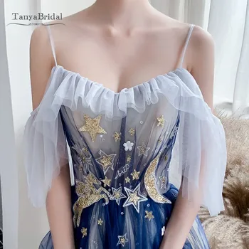 Proti-vrat Modra Maturantski Obleki Ženske Elegantne Luna Star Sequins Dolgo Večer Stranka Obleko Nov Slog 2020 Off Ramenski Lady Prom Oblačenja
