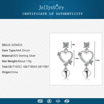 Jellystory Moda srebro 925 nakit uhani s Cirkon dragih kamnov, Dvakrat v obliki Srca, Padec, Uhani za Ženske, Poročna Darila