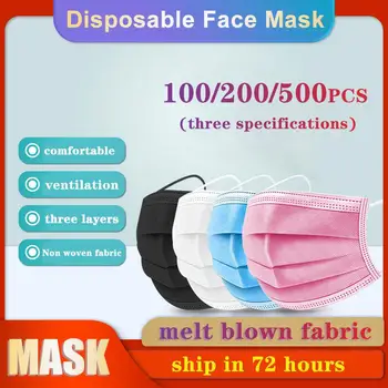 100-500pcs Masko za Enkratno uporabo Non-woven 3-slojni Filter za Masko Roza, Črna, Bela, Rumena, Modra Usta Masko za Odrasle Dihanje Maske