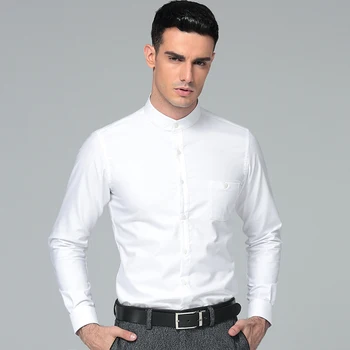 Visoka Kakovost 2021 Novih Moških Redno Fit Majica Bombaž Moških Poslovno Obleko z Dolgimi Rokavi Mandarin Ovratnik Zadebelitev