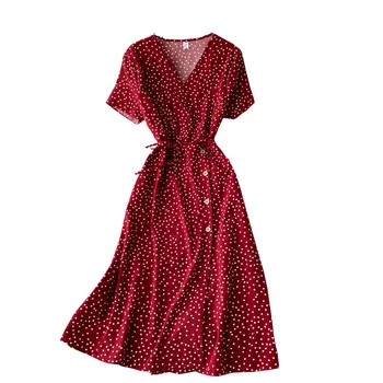 Chffion Rdeče elegantno seksi Obleka ženske 2020 poletni plaži Proti-vrat polka dot midi obleko pasu split obleko vestidos de fiesta oblačila