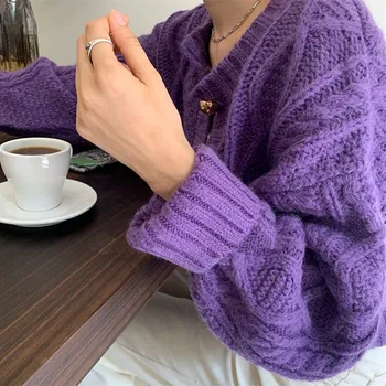 SHIJIA Modni O-vratu Twisted Ženske Pulover vijolično 2020 Jeseni, Pozimi Pletenje Odprite Šiv Enotni-zapenjanje Ženski Brezrokavniki Chic