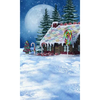 Padanje Snežink Božično Ozadje Natisnjeni Modro Nebo Luna Pozimi Sneg Borovci Hiša Bonboni Newborn Baby Tuš Ozadju