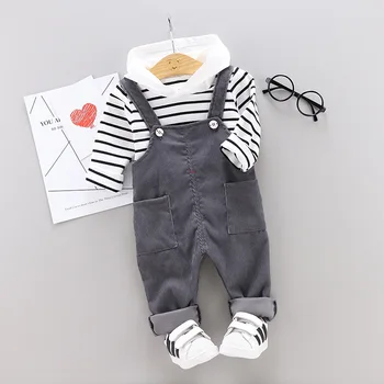 Otroška oblačila postavlja nove otroška oblačila bo ustrezala fantje kombinezon streped hooded vrh+kombinezon kompleti za 0-4 yrs baby obrabe