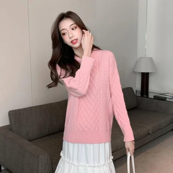 Leni pulover ženske jeseni, pozimi 2020 nova barva preprost srednje dolžine Puloverju svoboden in vsestranski vrhnja oblačila