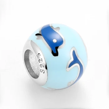 Modrega emajla Srčkan baby dolphin 925 Sterling Srebro Drobni Biseri Fit Prvotne Evropske Čar Zapestnice DIY Nakit, Izdelava