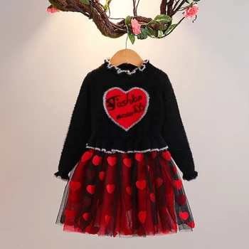 IYEAL Moda Princesa Otroci Dolg Rokav Obleke za Dekleta Ljubezen Vzorec Appliques Obleko Otroci Pozimi Stranka Tutu Obleke Oblačila