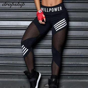Dropship Ženske Dokolenke Visoko Pasu Očesa Mozaik Šport Dokolenke Plus Velikost Black Telovadnici Fitnes Pismo Tiskanja Sportwear Femme