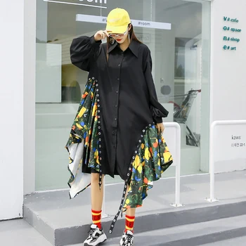 Velika velikost design rokavi ženske jeseni nov slog šivi mehko in tanko črno srajco osebnost nad kolena trendy top blagovne znamke