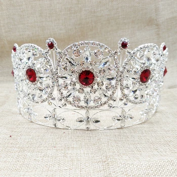 Velika plemenito rdeče polno krono pageant miss world nosorogovo krog polno tiara krono + uhan ujemanje v roza/rdeče/bele barve