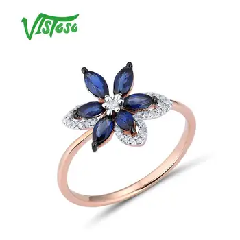 VISTOSO Čisto 14K 585 Rose Gold Ring Za Ženske Obroč sije Diamantno modra, temno Modra Luksuzni Poroko Posla Elegantno Fine Nakit