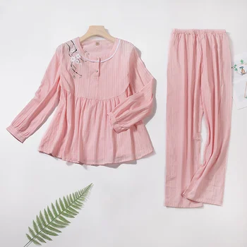 Ženske Bombažno Pižamo Nastavite Ruffles Gube Tiskanja Cvetovi Tunika Elastični Pas Dekleta Homewear 2021 Pomlad Trdna Sleepwear Ženski