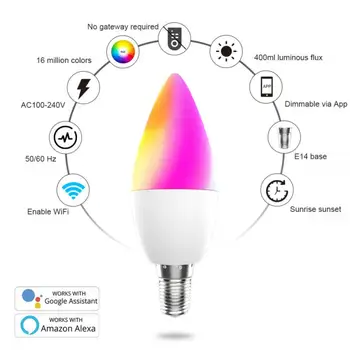 Tuya WiFi Smart Žarnica E14 RGB+W+C) možnost zatemnitve Svetlobe LED Sveče Žarnice Daljinski upravljalnik Delo Z Alexa Echo googlova Domača stran Pomočnik