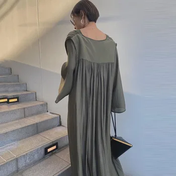 Korejski Slog Ženske Obleke 2020 Jeseni V Vratu Priložnostne A-Line Naguban Dolgo Maxi Obleke Haljo Femme Vestiods Tla-Dolžina