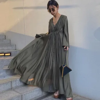 Korejski Slog Ženske Obleke 2020 Jeseni V Vratu Priložnostne A-Line Naguban Dolgo Maxi Obleke Haljo Femme Vestiods Tla-Dolžina