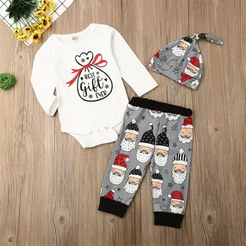 2019 Baby Boy Božič Santa Oblačila Darilo Obleko z Dolgimi Rokavi Pismo Romper+ Hlače Hlače Klobuk 0-18 M