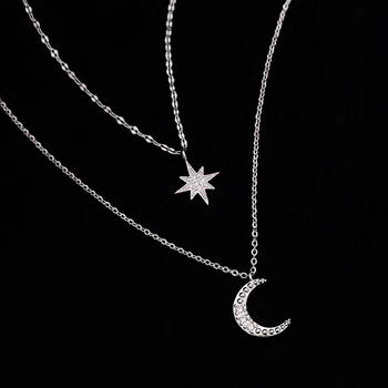 Preprost 925 Sterling Silver star luna dvakrat Ogrlica flash Kristalno nišo Clavicle Verige Srebrno Ogrlico, Obesek, Modni Nakit