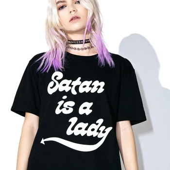 Moda za Ženske Majica z Satan je Bila Gospa Tiskanja Črno T-Shirt Ženski Tumblr Grunge Stil Satanic Tee Sassy Vrhovi Gothic Oblačil