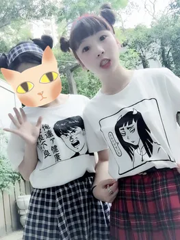 Poletje harajuku kawaii punk Japonski stripi dolgo točke ženski natisne majica bombaž osnovna bela kratek sleeve zgornji deli oblacil ženske