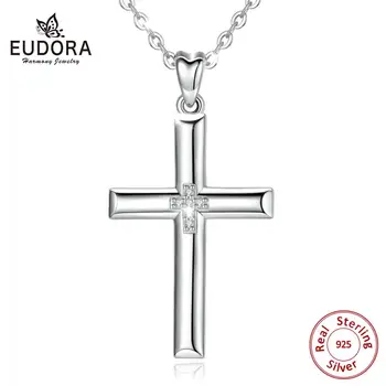 EUDORA 925 Sterling Silver Cross Obesek Ogrlica Solid silver Cross kristalno ogrlica fine Nakit z box Za Ženske Človek CYD468