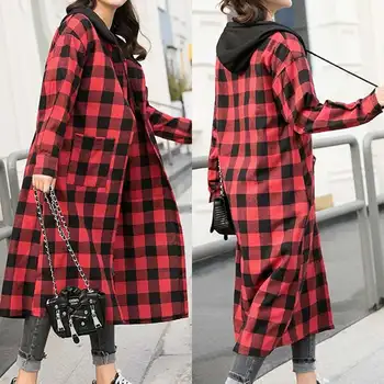 5XL Celmia Ženske Dolg Plašč Moda korejski Priložnostne Hooded Coats Jeseni Dolg Rokav Kariran Jopiči Letnik Urad Outwear Žensko 7