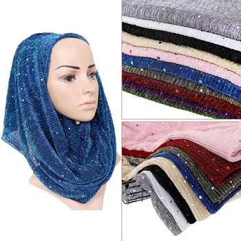 Šimer Crinkle Šal Hijabs Stretchy Obloge Paillette Naguban Šali Muslimanske Rute Glavo Islamske Turbans 10pcs/Veliko Debelo