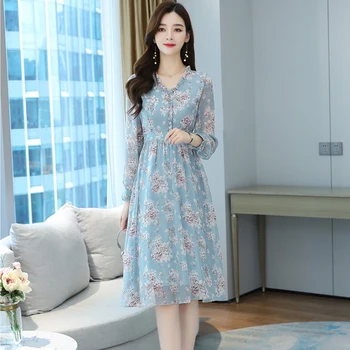 Plus Velikost Letnik Cvetlični Šifon Boho Plaži Midi Obleko 2021 Jeseni, Pozimi Korejski Priložnostne Obleko Elegantno Ženske Stranka Sladko Vestidos