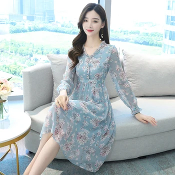 Plus Velikost Letnik Cvetlični Šifon Boho Plaži Midi Obleko 2021 Jeseni, Pozimi Korejski Priložnostne Obleko Elegantno Ženske Stranka Sladko Vestidos