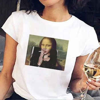 Mona Lisa Žvečilni Gumi, Bubble Gumi Majica s kratkimi rokavi Ženske 2019 Poletje Kratek Rokav Natisnjeni Tshirt Zabavno Harajuku Letnik Plus Velikost T-shirt