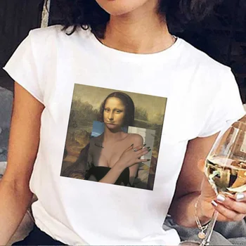 Mona Lisa Žvečilni Gumi, Bubble Gumi Majica s kratkimi rokavi Ženske 2019 Poletje Kratek Rokav Natisnjeni Tshirt Zabavno Harajuku Letnik Plus Velikost T-shirt