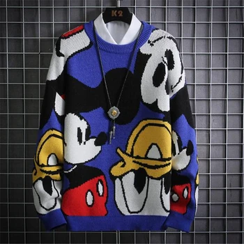 Disney Majica Moški Risanka Tiskanja Vrhovi Mickey Mouse Dolge Pletene Rokavi Pulover Hooded Priložnostne Svoboden Moški Oblačila, Zimska Jakna