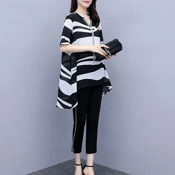 Ženske dvodelne Obleke Poletje Novo Zahodni Slog Elegantno Tassel Zebra Print Priložnostne Bluzo in Modo Črne Skinny Hlače Plus Velikost