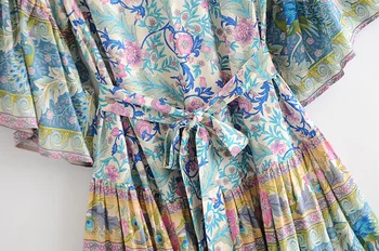 Vintage elegantne ženske hipi vijolično cvjetnim tiskanja globoko V-neck sashes Bohemian mini obleka gospe kratek rokav Boho obleke vestidos