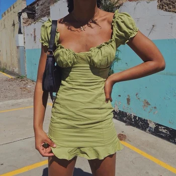 Moda Kratek Rokav obleko Elegantno ženske mini obleke Francija Zelena Ruched vestido Letnik Kvadratnih Ovratnik ženske obleke