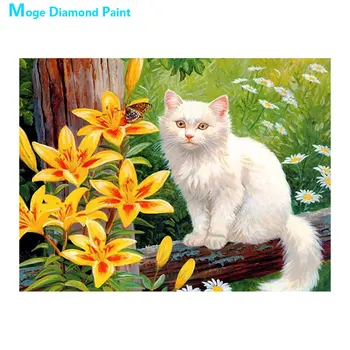 Vrt Bela Mačka in Lily Cvet Diamond Slikarstvo Krog Polni Sveder Živali Cvetlični Nouveaute DIY Mozaik Vezenje 5D Navzkrižno Šiv