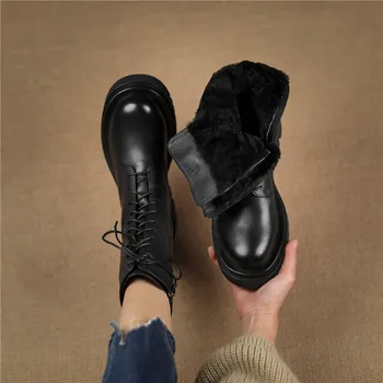 Sgesvier 2021 Velika Velikost 34-42 Zimski Škornji Fashion Lace Up Toplo Ženske Škornji Pravega Usnja Čevlji Črni Riž, Bela