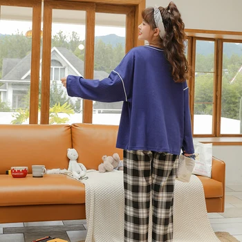 MELIFLE Pomlad Toplo Modro Svilo Pajama Set za Ženske Jeseni Bombaž Saten Sleepwear Atoff Doma Moda Mehko Kawaii More