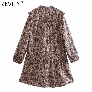 Zevity Novo 2021 Ženske Vintage O Vratu Agaric Čipke Leopard Tiskanja Shirt Obleko Ženski Elegantni Dolgi Rokav Ruffles Stranka Vestido DS5041