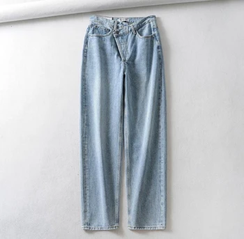 Vintage 90. letih Loose Ženska Jeans Asimetrične Visok Pas Naravnost Priložnostne Ženskega Jeansa Hlače Modni Tide