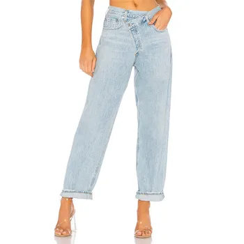 Vintage 90. letih Loose Ženska Jeans Asimetrične Visok Pas Naravnost Priložnostne Ženskega Jeansa Hlače Modni Tide