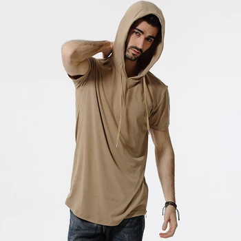 Poletje Hip Hop Street T shirt Vrečasta Priložnostne Kratek Sleeve Hooded Podaljša arc robom zadrgo T-majice za Moške Prikrivanje Vrhovi NAM Velikost