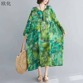 ženske obleke plus velikost dolg rokav poletje sundress svoboden šifon tiskanje velikih velikosti maxi obleko haljo femme boho počitnice obleke 2020