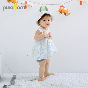 Pureborn Baby Obleko Dihanje Bombaž Malčka 2 Kos Baby Girl Oblačenja z Bloomer Ruffle Rokav Poletne Počitnice Stranka Otroška oblačila